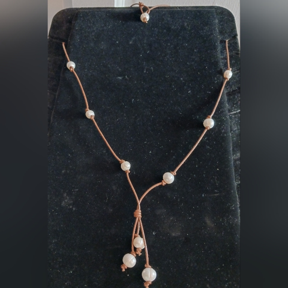 Freshwater Pearl And Leather Tassel Necklace, 35 Inches